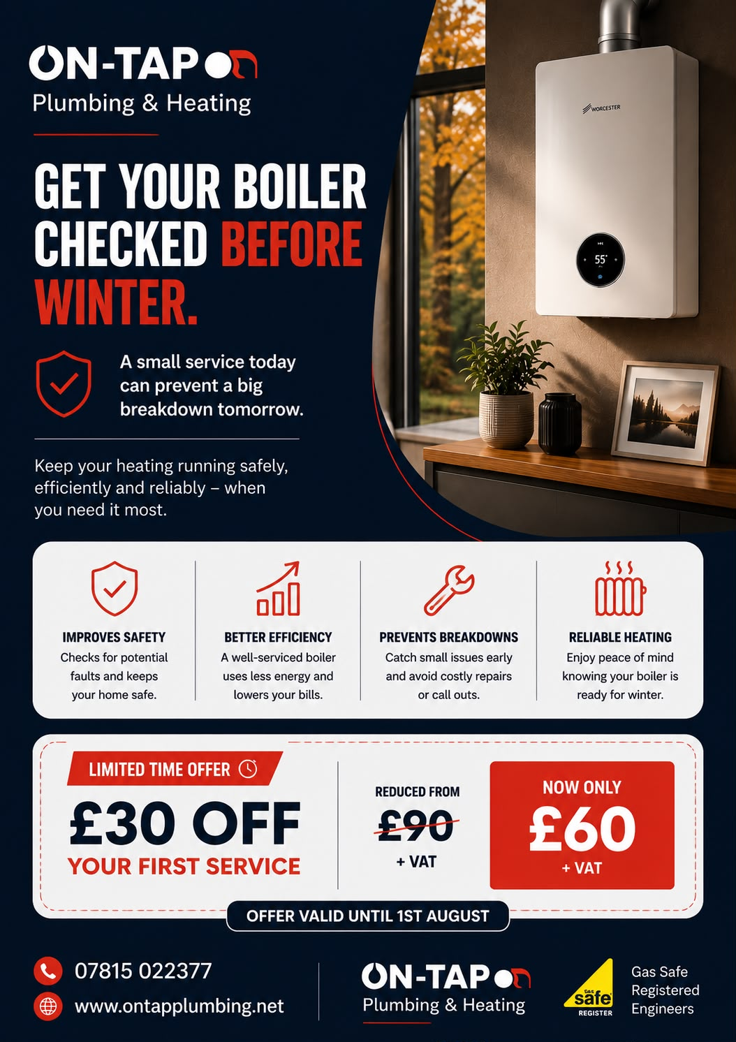 On-Tap Plumbing & Heating — £30 off your first boiler service. Get your boiler checked before winter.